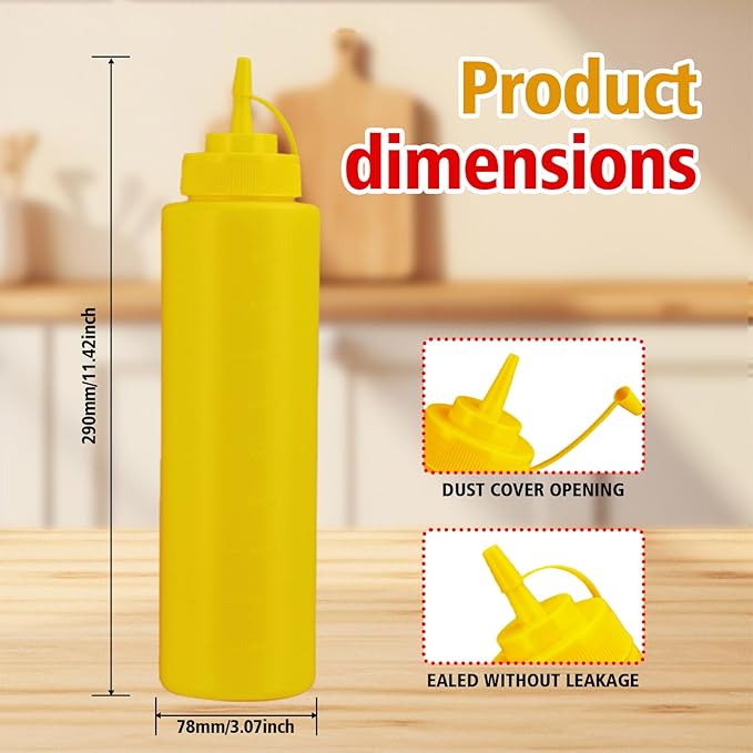 32oz Leak-Proof Sauce Squeeze Bottles- BPA-Free Kitchen & Restaurant Dispensers w/Wide Mouth for Ketchup, Mustard, Syrup, Oil, Dressings Dishwasher Safe (White+Yellow+Red, 32oz-6pack)