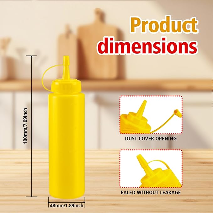 8oz Leak-Proof Sauce Squeeze Bottles - BPA-Free Kitchen & Restaurant Dispensers w/Wide Mouth for Ketchup, Mustard, Syrup, Oil, Dressings Dishwasher Safe (White+Yellow+Red, 8oz-6pack)
