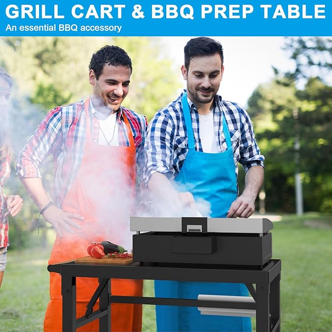 Upgrade Foldable Grill Cart Stand, Flat Top Dining Cart Table for Blackstone Griddle, Weber, Ninja Portable Grill, Outdoor Pizza Oven and More, Table Carts for Outdoor Camping