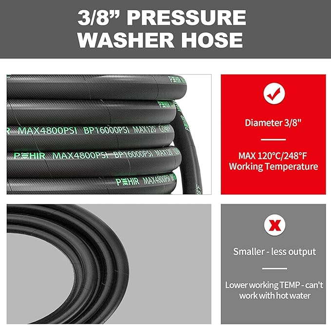 POHIR Pressure Washer Whip Hose 5FT, Reel Connector 248°F Hot/Cold Water Jumper Hose 3/8" with Quick Connect Adapter, Industry Grade Steel Wire Braided & Synthetic Rubber Jacket 4800 PSI