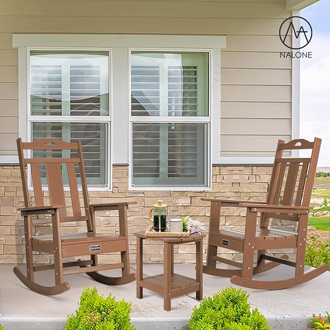 nalone Outdoor Rocking Chair, Oversized Porch Rocker Chair for Adult, All-Weather Resistant Patio Rocking Chair for Garden Lawn (Teak)