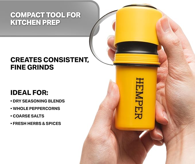 Hemper Keeper 3โinโ1 Herb Grinder with Dual Storage Container - SmellโProof, Airtight & WaterโResistant - BuiltโIn Removable Grinder, Dual Compartments for Flower & Ground - (Yellow & Black)