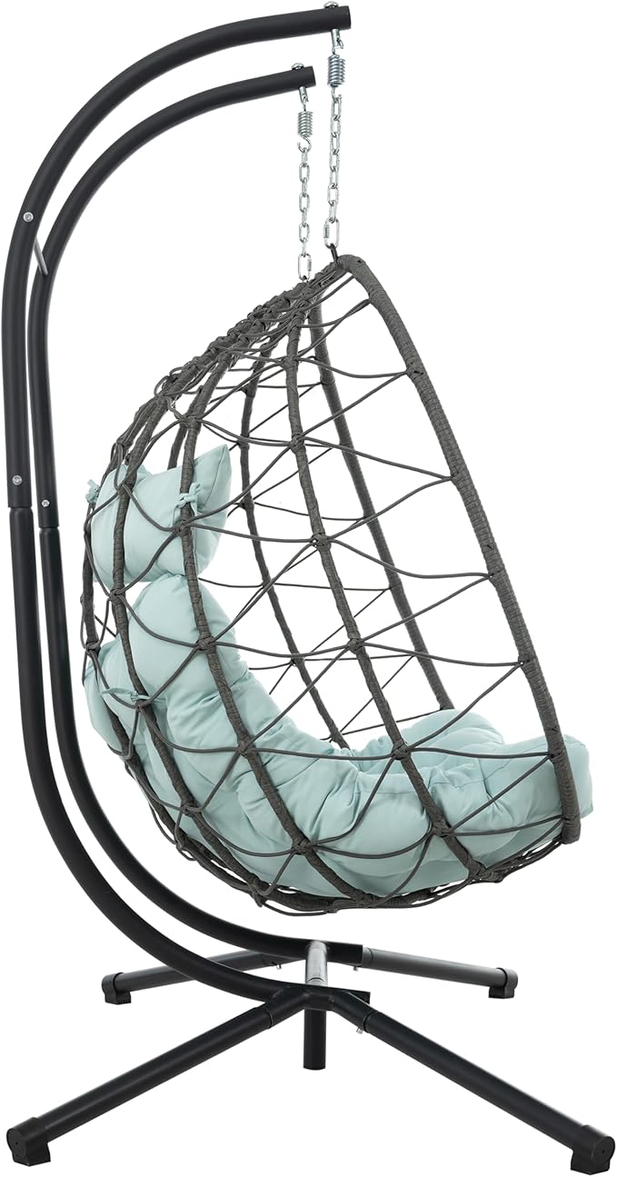 Wicker Hanging Chair with Stand,Indoor/Outdoor Swing Egg Chair with Cushion,Hammock Chair for Bedroom Living Room Patio Balcony Porch Garden,550Lbs Capacity Blue 2 Seat