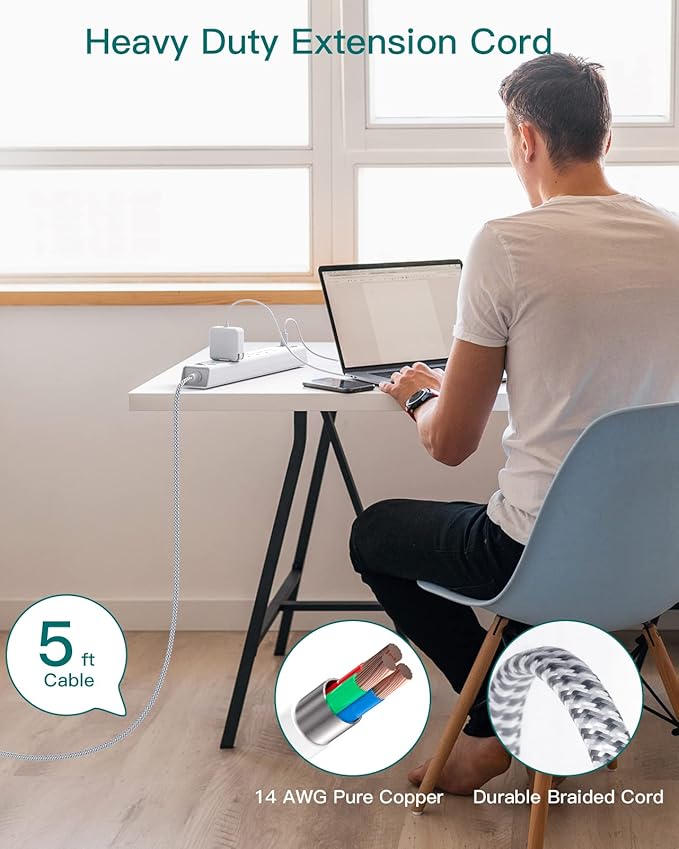 Power Strip Surge Protector with USB C - Flat Plug Extension Cord with 6 AC Outlets 4 USB (2 USB C), Wall Mount, 5ft, 900 J, Multi Plug Outlet Extender for Home Office Dorm Room Essentials