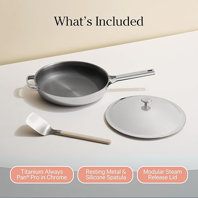 Our Place Titanium Large Always Pan Pro - 12.5” (4.2 Qt) No-Coating Nonstick Skillet | Tri-Ply Titanium & Stainless Steel | Safe for Oven, Induction & Cooktops up to 1000°F | Includes Spatula | Chrome