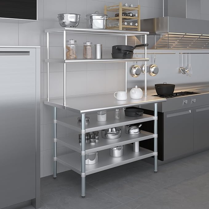 Amgood 30" x 48" Stainless Steel Work Table with 3 Shelves and 18" Wide Double Tier Overshelf | Metal Kitchen Prep Table & Shelving Combo | NSF