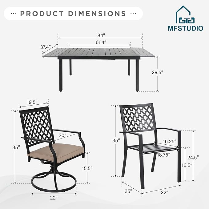 MFSTUDIO Patio Table and Chairs Set of 6, Outdoor Dining Set for 6 with Expandable Table, Metal Patio Dining Set for for Deck Backyard Poolside Garden