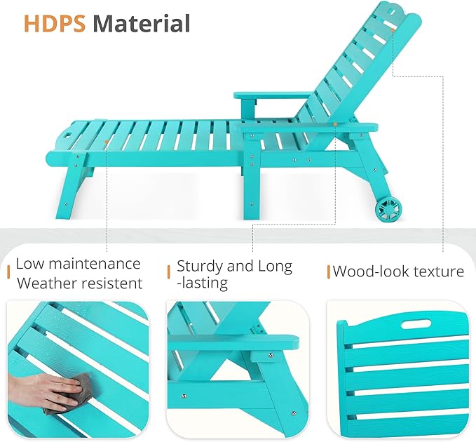 LUE BONA Chaise Lounge Chairs Set with Table, 3-Piece, 79'' Oversized HDPS Chaise Lounger, 5 Positions Adjustable Lounge Chairs, Pool Lounge Chair with Wheels for Poolside, 3 Year Warranty, Aruba Blue