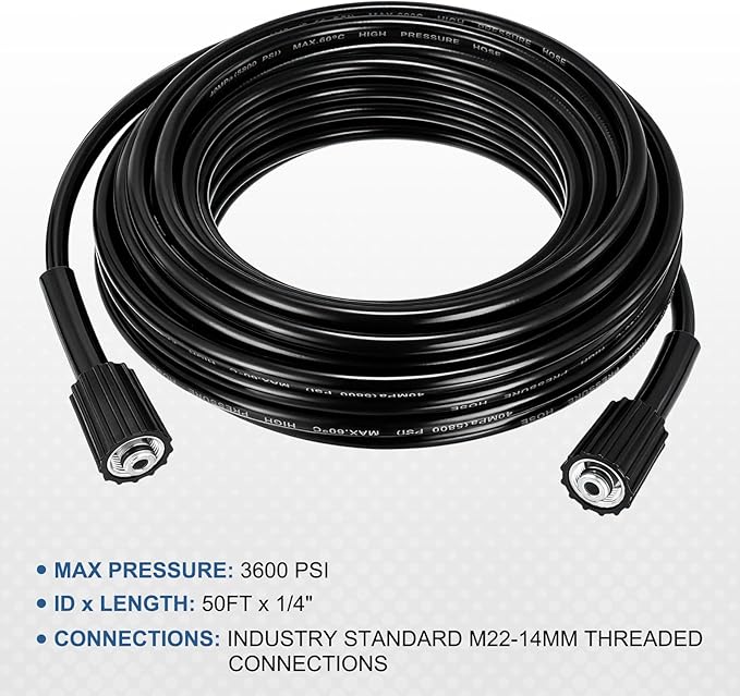 Pressure Washer Hose 49.2 Ft, 1/4" ID M22-14mm Brass Fitting, 3600 PSI Kink-Resistant Universal Electric Power Wash Hose for Replacement