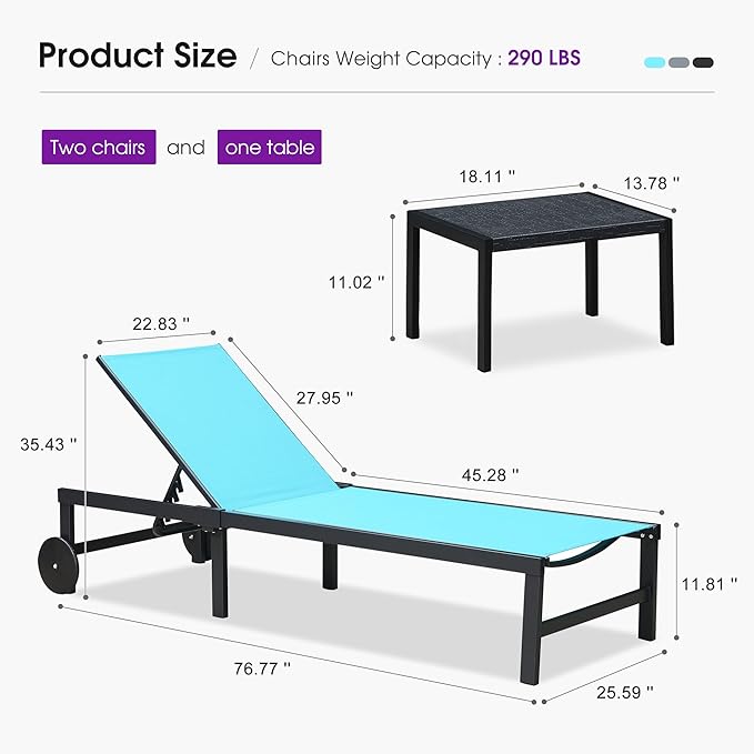 PURPLE LEAF Outdoor Chaise Lounge Chairs Set Recliner Adjustable Chair with Wheels and Table for Poolside Beach Patio Aluminum Reclining Sunbathing Lounger, Blue