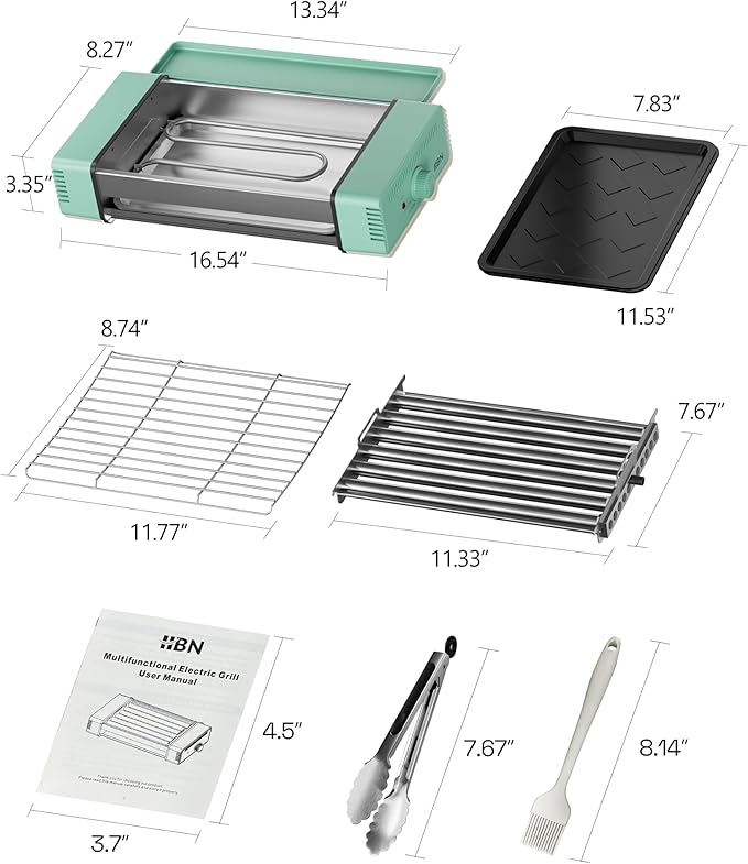 HBN 3-in-1 Hot Dog Roller Grill Machine with Nonstick Plate & Grill Rack, 800W Compact Indoor Electric Sausage Griller for Kitchen, Home, Small Space Use (Cyan)