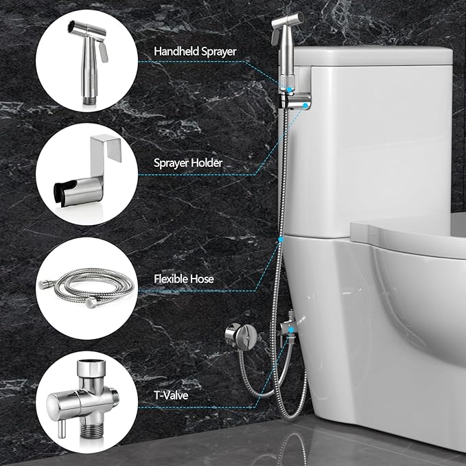 Bidet Sprayer for Toilet with Adjustable Water Pressure, Handheld Bidet Sprayer Kit- Stainless Steel(Don't Use Teflon Tape for Installation)