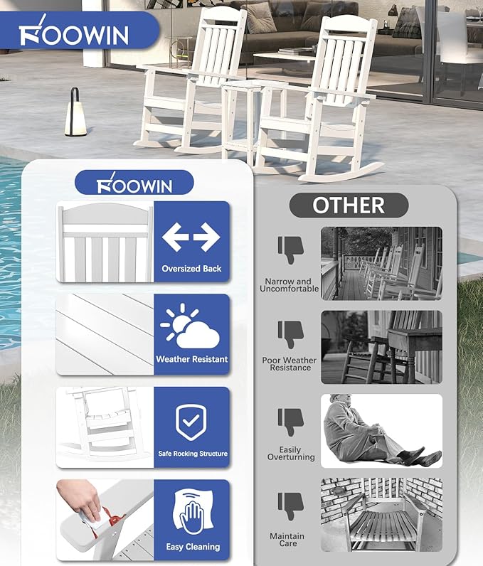 FOOWIN Patio Rocking Chairs Set of 2,HDPE High Back Porch Rocker,All Weather Resistant Poly Lumber Outdoor Porch Rocker, Rocking Chairs for Outdoor, Indoor, Patio, Deck, Garden White