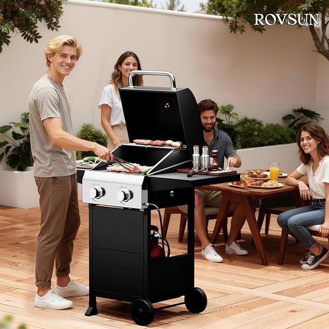 ROVSUN 2 Burner Propane Gas Grill with Foldable Side Shelves, 24000BTU BBQ Grills with Enameled Cast Iron Grates, Cabinet & Poratable Rolling Wheels for Outdoor Garden Patio Backyard Barbecue Cooking