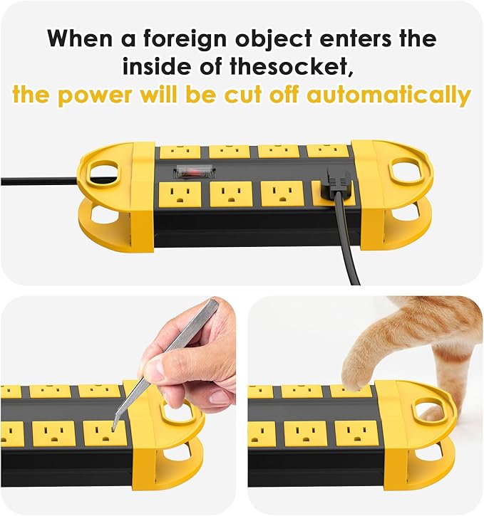 CCCEI GFCI Outdoor Power Strip Weatherproof with 8 AC, Waterproof Extension Cord with Multiple Outlets, Wall Mount Surge Protector Flat Plug, Christmas Exterior Garden, Yard, 25FT, Yellow.