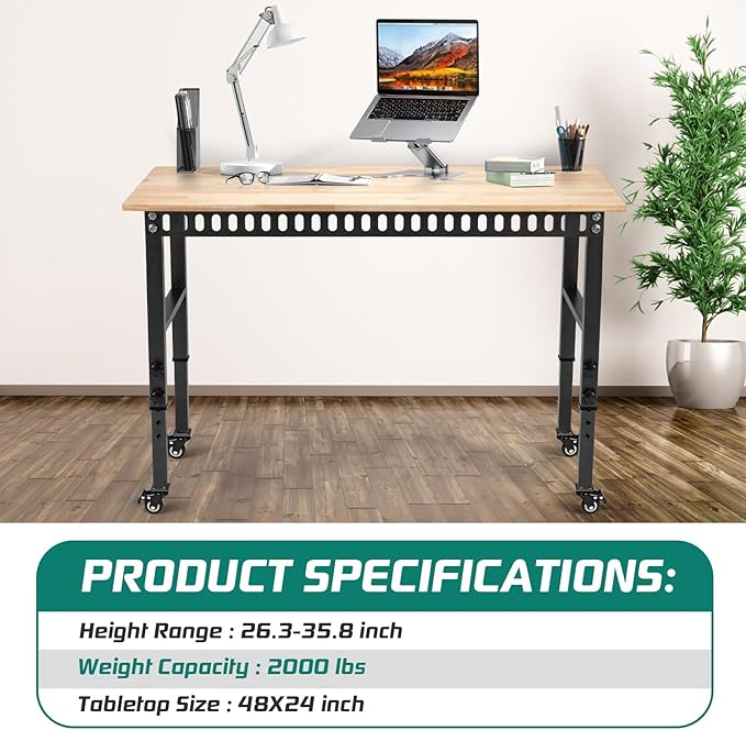 48 "Adjustable Wheels Workbench, Heavy Duty 2000 LBS Load Capacity Hardwood Workbench Suitable for Workshop, Office, Garage, Home (Metal Wheels丨No Power Outlets 48"x24")