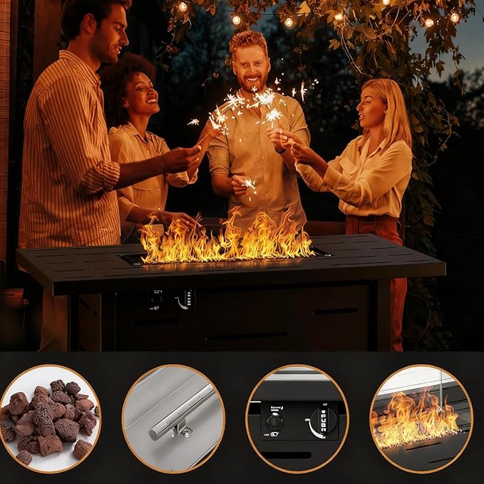43" Propane Fire Pit, 50,000 BTU Steel Gas Fire Pit Table with Lid for Outside, Steel Lid & Lava Rock, 2 in 1 Fire Table, Adds Warmth to Gatherings & Parties on Patio, Deck, Garden & Backyard, Black