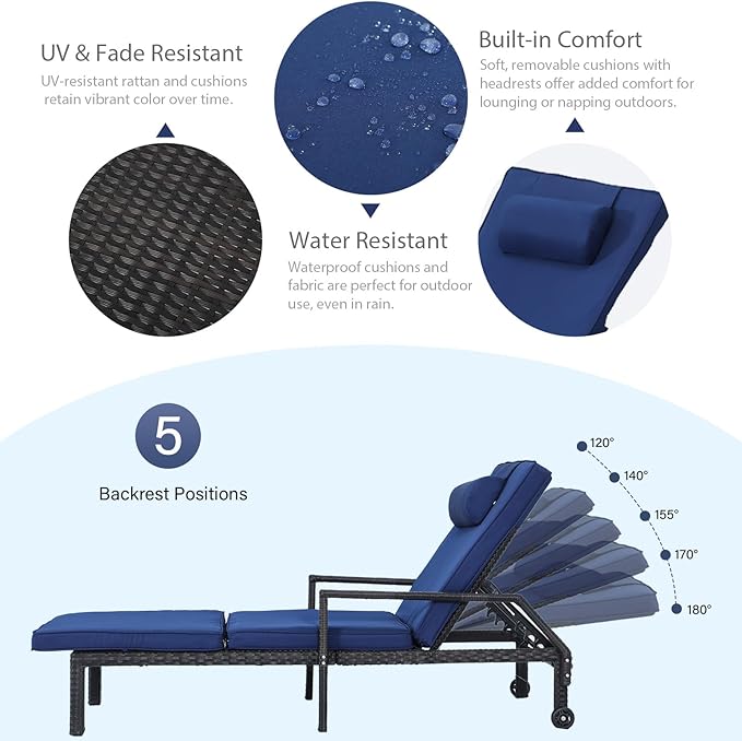 Patio Chaise Lounge Set – Adjustable Outdoor Lounge Chairs with Cushions & Headrest – All-Weather Rattan Reclining Lounge Chairs for Poolside, Garden, and Patio (2 Pcs, Blue)
