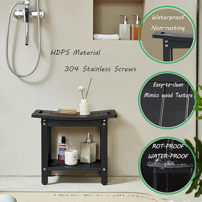 Shower Stool for Inside Shower, Plastic Shower Seat, Heavy Duty Shower Bench to sit on, Shower Chair for Shaving Legs, Adjustable Feet,Non-Slip(Black)