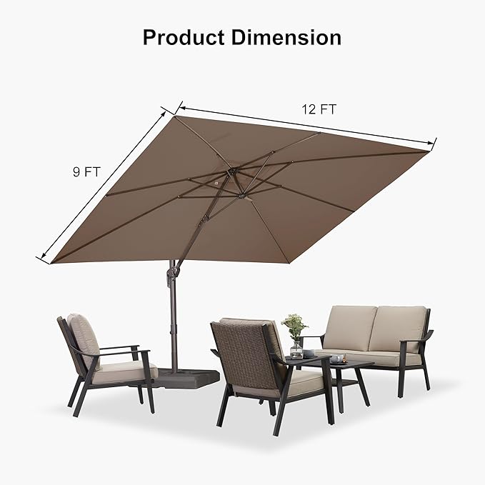 PURPLE LEAF 9X11.5Ft Rectangle Cantilever Umbrella with Base Patio Umbrella Outdoor Aluminum Offset Hanging Umbrella with 360-degree Rotation for Pool Garden Backyard Deck, Taupe