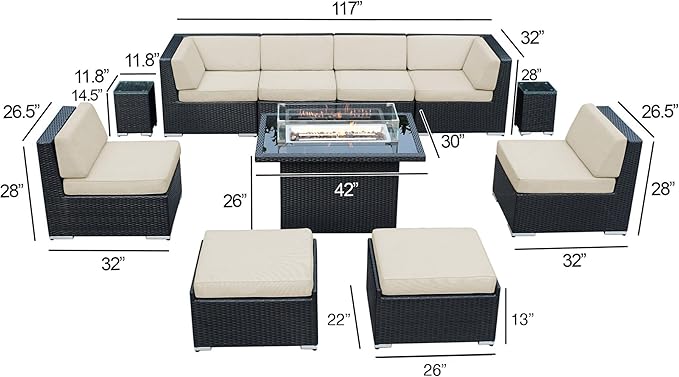 11 Piece Ohana Outdoor Patio Furniture Sunbrella Coal Black Wicker Conversation Set with Fully Assembled Sectional and 42-inch Propane Gas Fire Table