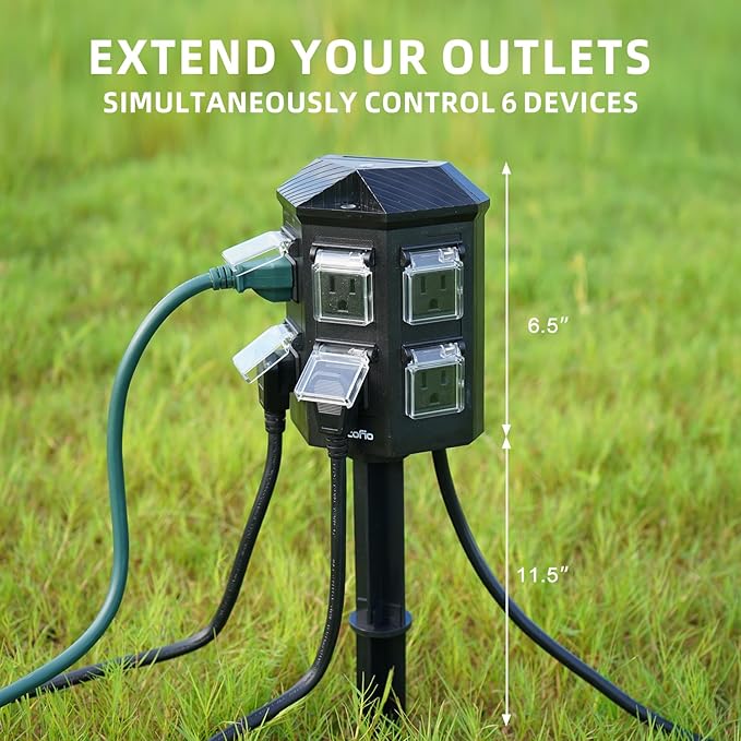 Outdoor Power Strip Weatherproof, 100 FT Extension Cord with Power Stake, 6 Grounded Outlets for Outdoor Lights, 15A/1875W, ETL Listed
