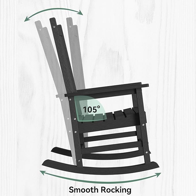 HDPE Outdoor Rocking Chair, Oversized Rocking Chairs with Widened Seats & High Backs, Weather & Fade Resistant Porch Rockers for Patio, Deck & Porch - Black