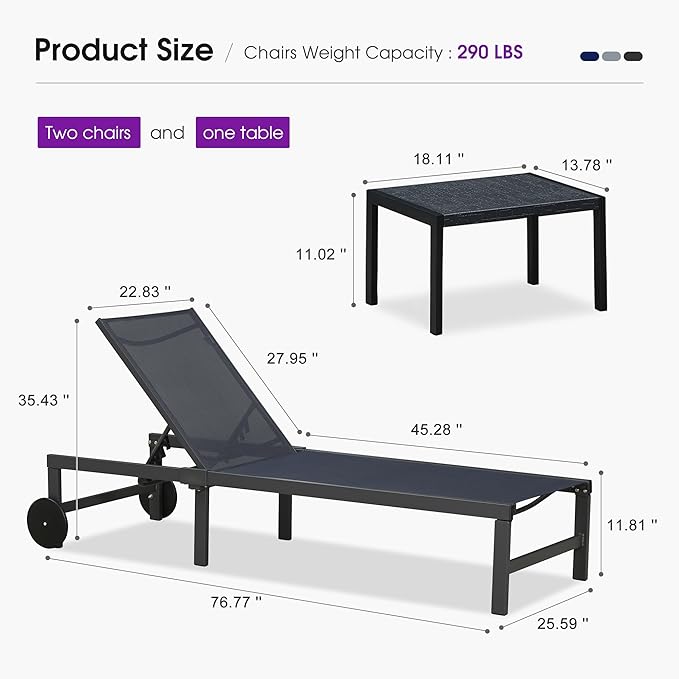 PURPLE LEAF Outdoor Chaise Lounge Chairs Set Recliner Aluminum Adjustable Chair with Wheels and Side Table for Poolside Beach Patio Sunbathing Lounger, Navy Blue