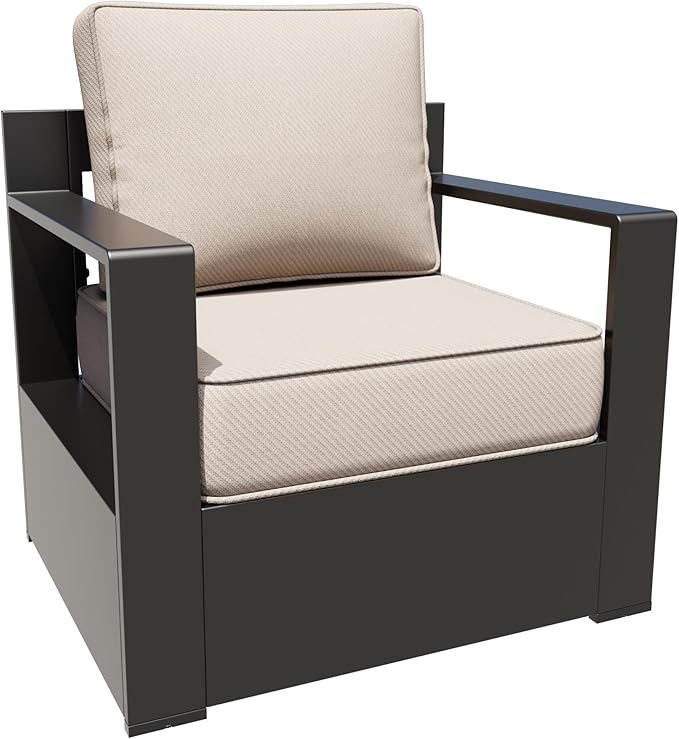 Aluminum Patio Chairs Set of 2, All Weather Use Outdoor Dining Chairs with Rectangular Framed Metal Armrest & 6" Fade-Resistant Cushions & Chair Covers for Deck Balcony Backyard (Beige)
