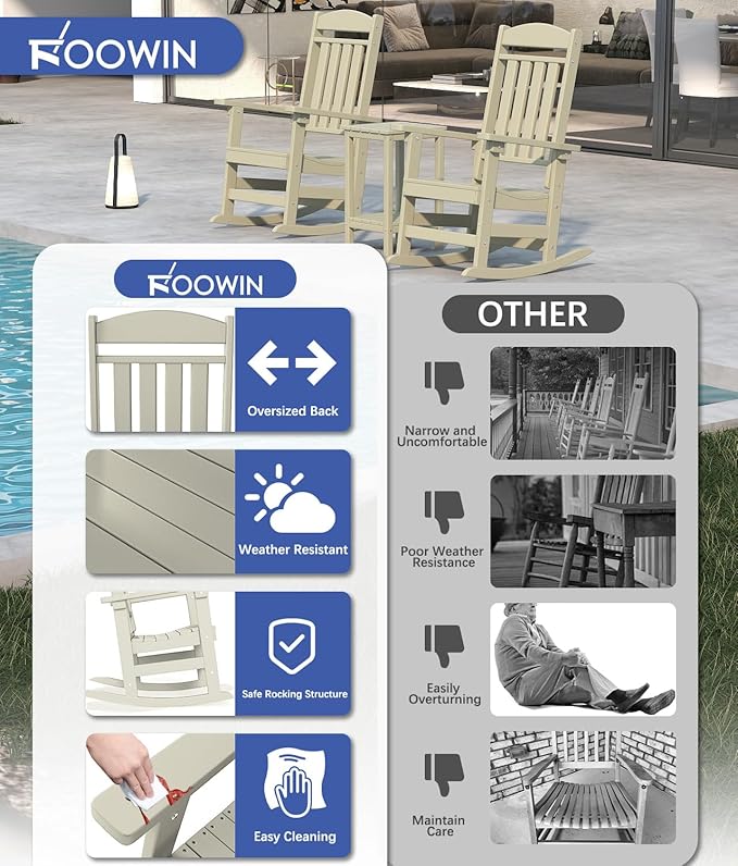 FOOWIN Outdoor Rocking Chair Set of 6, High Back Patio Rocking Chair, HDPE All Weather Resistant Porch Rocker for Adult, Oversized Rocking Chairs for Garden, Lawn, Indoor & Outdoor Use, Sand