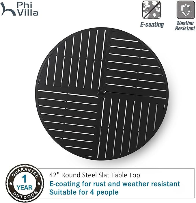 PHI VILLA 5 Piece Outdoor Dining Table Set for 4, 42” Round Steel Dining Table with Umbrella Hole & 4 Metal-Frame Wicker Chairs for Patio, Deck, Yard, Porch