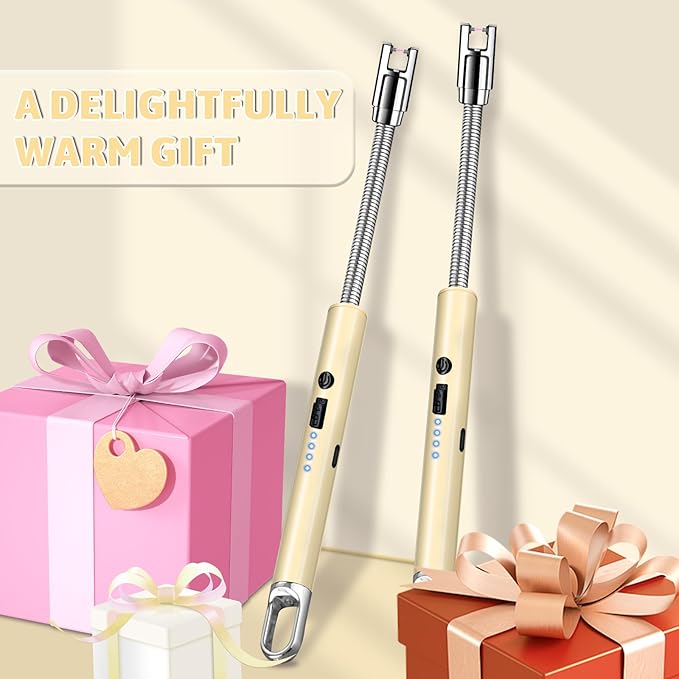 2 PCS Electric Lighter, Candle Lighter Arc Windproof Flame-Less with 360° Flexible Neck & LED Power Display, Type-C Rechargeable for BBQ, Grill, Camping, Fireplace, Stove (Gold)