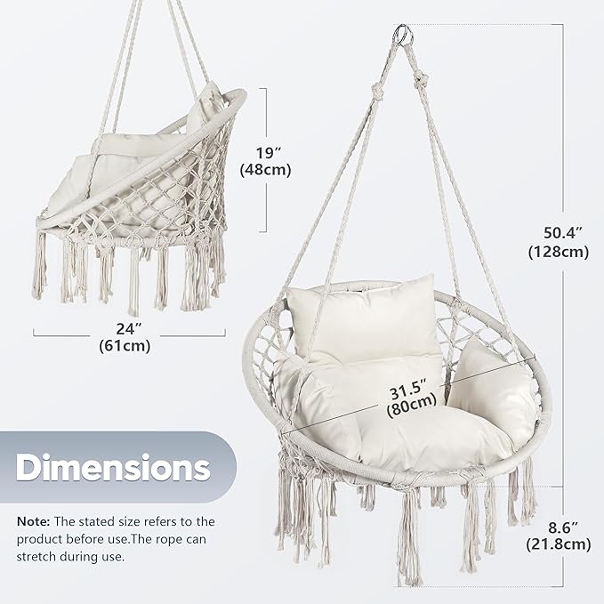 Hammock Hanging Rope Swing Chair with Cushion - Max 330 Lbs, Sturdy Hammock Swinging Chair for Bedroom, Porch, Balcony -White (White1)