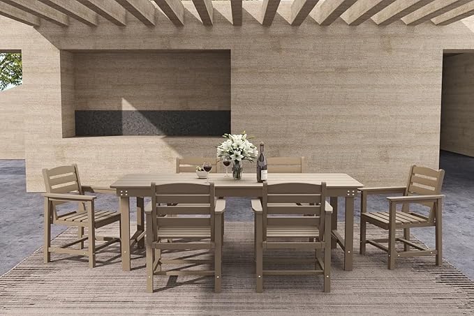 7-Piece Brown HDPE Patio Table and Chairs Set, Weather Resistant Outdoor HDPE Dining Table Sets with Umbrella Hole for Lawn, Garden, Deck, Poolside, Balcony