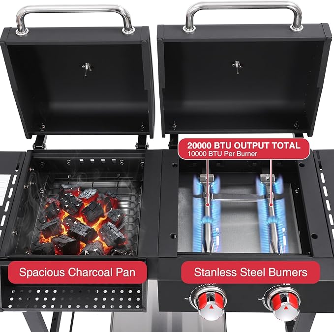 Charcoal and 2-Burner Propane Gas Combo Grill with Stainless Steel Griddle & Porcelain-enameled Cast Iron Grates, Dual Fuel BBQ Combo Grill for Outdoor Cooking