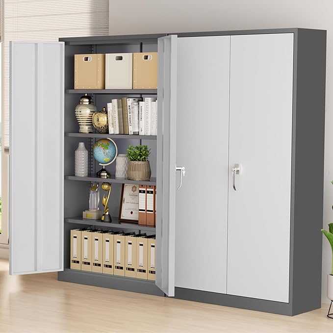 Greenvelly Metal Garage Storage Cabinet, 72” Steel Locking Storage Cabinet with 2 Doors and 4 Adjustable Shelves, Metal Tool Cabinets, Lockable File Cabinets for Home Office, Garage (Gray White)
