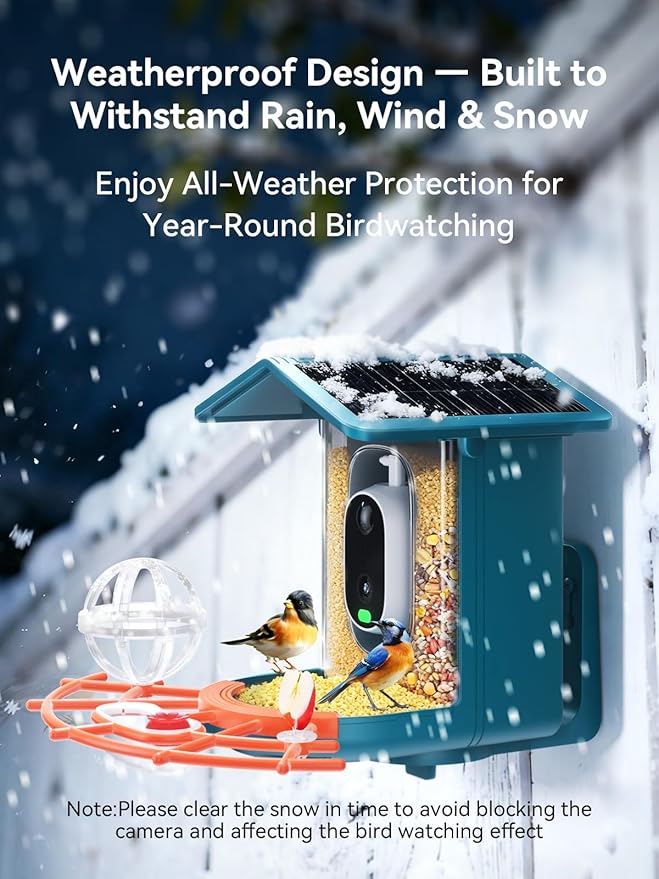 2.5K Smart Bird Feeder with Camera Solar Powered, AI Bird Species Identification, Auto Squirrel Deterrent, Real-Time Video Notifications, Weatherproof, Ideal Gift for Family and BirdLovers, Navy Blue