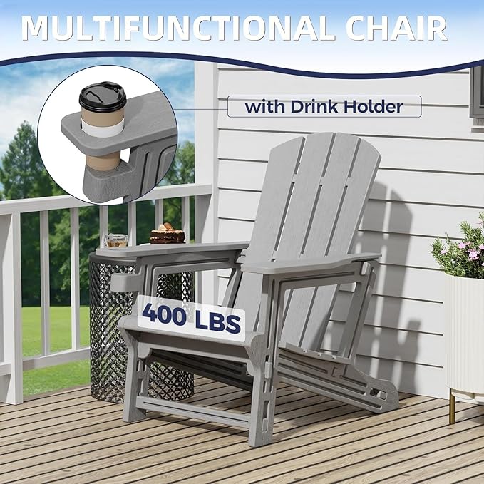 Adirondack Chair Set of 2, All Weather Plastic Adirondack Chairs, Fire Pit Chairs with Cup Holder, Outdoor Lawn Chair for Patio, Garden, Backyard, Grey