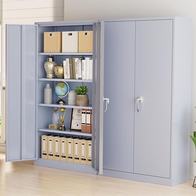 Greenvelly Metal Storage Cabinet with Doors and Shelves, 72'-Inch Locking Metal Cabinet for Garage, Office, School, Warehouse (Dark Gray)