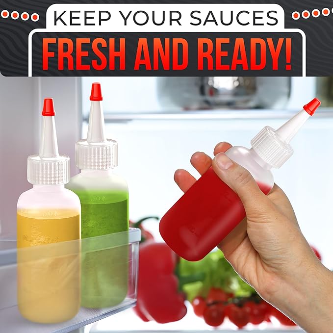 BURIUS 6-Pack 4oz Small Squeeze Bottles for Liquids – Clear Condiment Squeeze Bottles for Sauces, Ketchup, Mustard, Oil, Syrups, and Dressings with Measuring Scale – Easy-to-Use & Leak-Proof