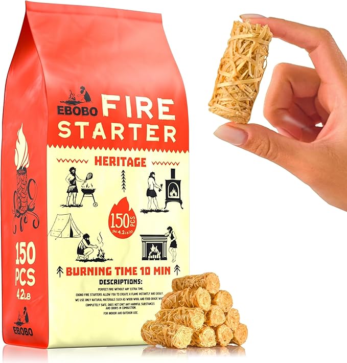 150 pcs Natural Fire Starters for Fireplace, Wood Stove, Charcoal Grill, BBQ, Fire Pit & Smoker โ Wood Wool & Wax Rolls โ Easy to Light, No Prep, No Mess