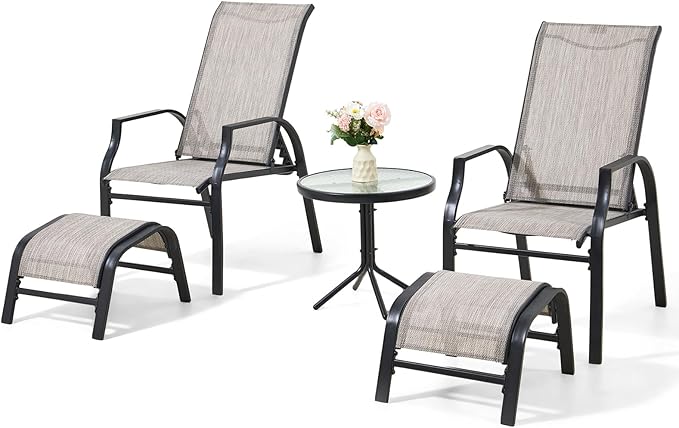 5 Pieces Patio Bistro Set with 2 Patio Chairs and 2 Ottomans, Outdoor Furniture Set with with a Table and Chairs for Poolside, Balcony, Porch, Lawn, Deck, Garden