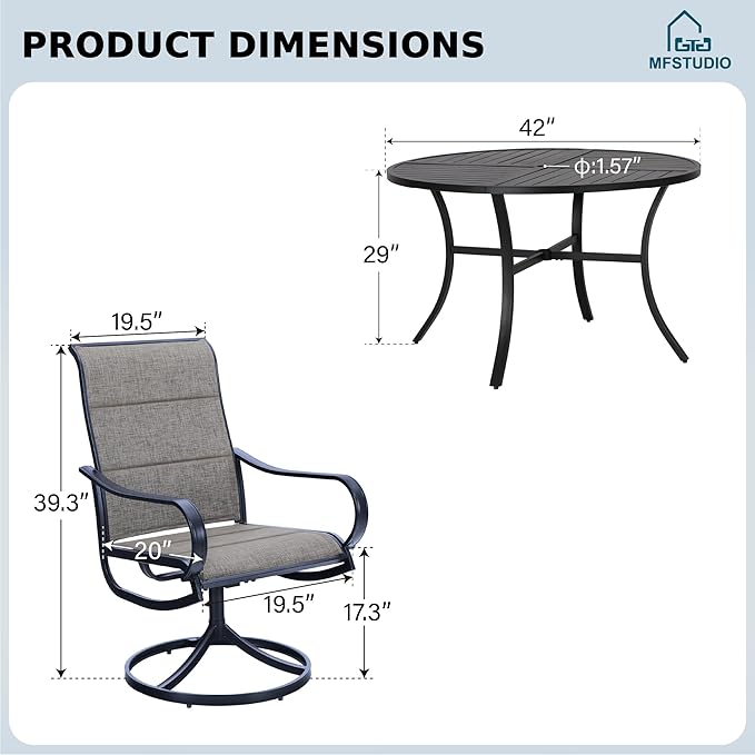 MFSTUDIO Outdoor Dining Set for 4,Round Patio Table and Chairs for Deck Backyard & Garden, 5 Piece Patio Dining Set with Swivel Chairs