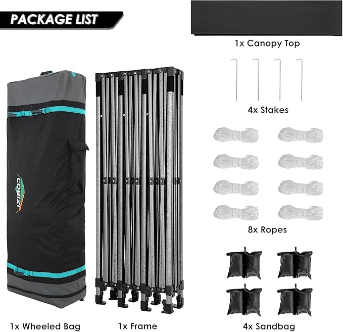 COBIZI 10x30 Heavy Duty Pop up Canopy Party Tent for Parties Weddings Events UPF 50+ Waterproof Commercial Gazebo with Roller Bag, Black