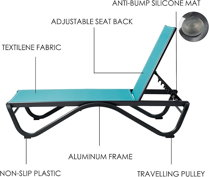 Kozyard 3Pack Chaise Lounge Outdoor Set Full Flat Alumium Reclining Adjustable Chair Flat Patio Chaise Lounge Chair for Sunbathing, Patio, Poolside(2Aqua Textilence W/Table)