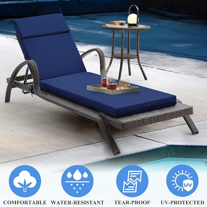 FILUXE Chaise Lounge Cushions Outdoor Furniture, High-Density Foam Chair Cushion with Ties, Weather & Fade Resistant - Patio Recliner Chairs Cushions for Lawn,Pool & Beach 72x21x3 Inch, Royal Blue