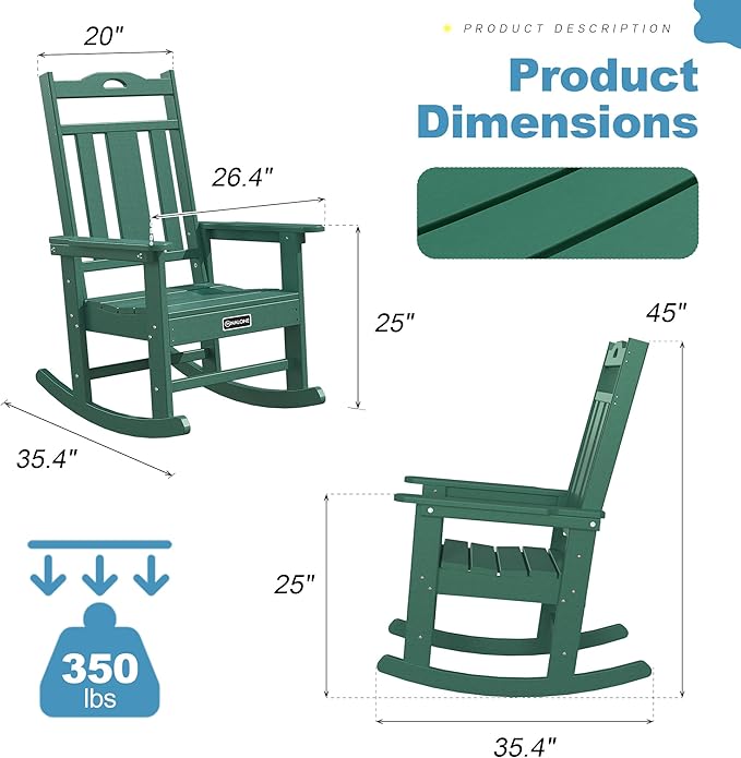 nalone Outdoor Rocking Chair, Oversized Porch Rocker Chair for Adult, All-Weather Resistant Patio Rocking Chair for Garden Lawn(Green)