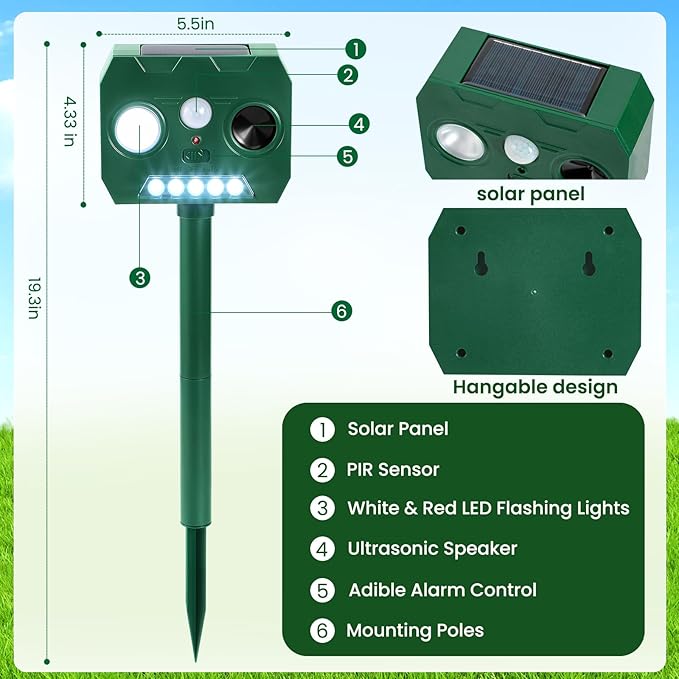 Solar Ultrasonic Animal Repellent Outdoor, 4 Pack Cat Squirrel Raccoon Bird Dog Deer Repellent Devices with PIR Motion Sensor & LED Flash, Waterproof Animal Deterrent for Garden Yard Farm