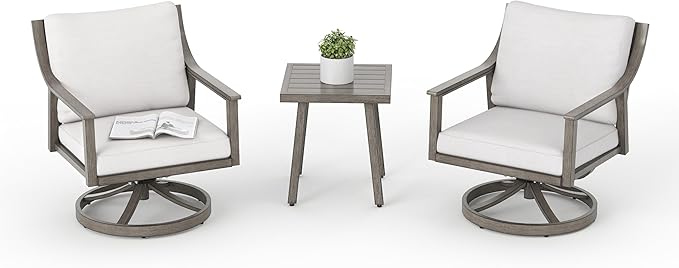 3-Piece Patio Conversation Bistro Sets, Outdoor Aluminum Bistro Sets with Thick Cushion, Modern Side Table and Swivel Chairs Set of 2, Rustproof and Waterproof for Porch Deck Garden, Grey