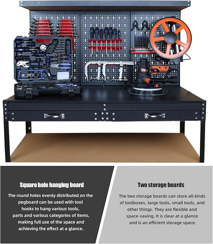 Prostormer Workbench, 47.25 inch Multipurpose Garage Worktable with Peg Board Hook Kit and Drawers for Home, Garage, and DIY Projects